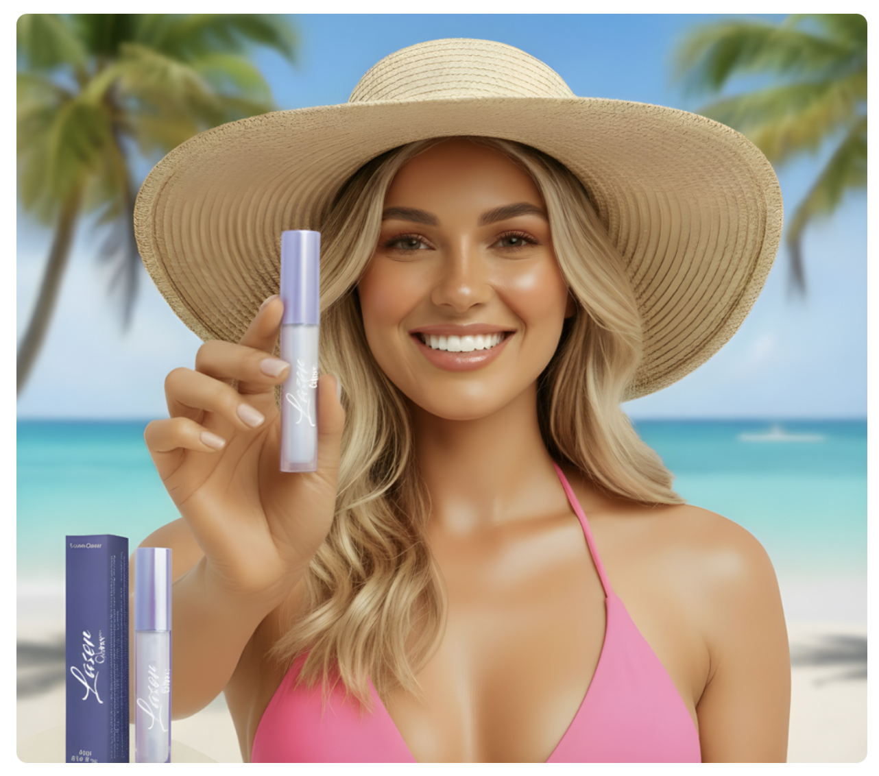 Smiling woman in a pink bikini and wide-brimmed hat on a sunny beach shows a lavender cosmetic bottle toward the camera; multiple product boxes sit nearby.