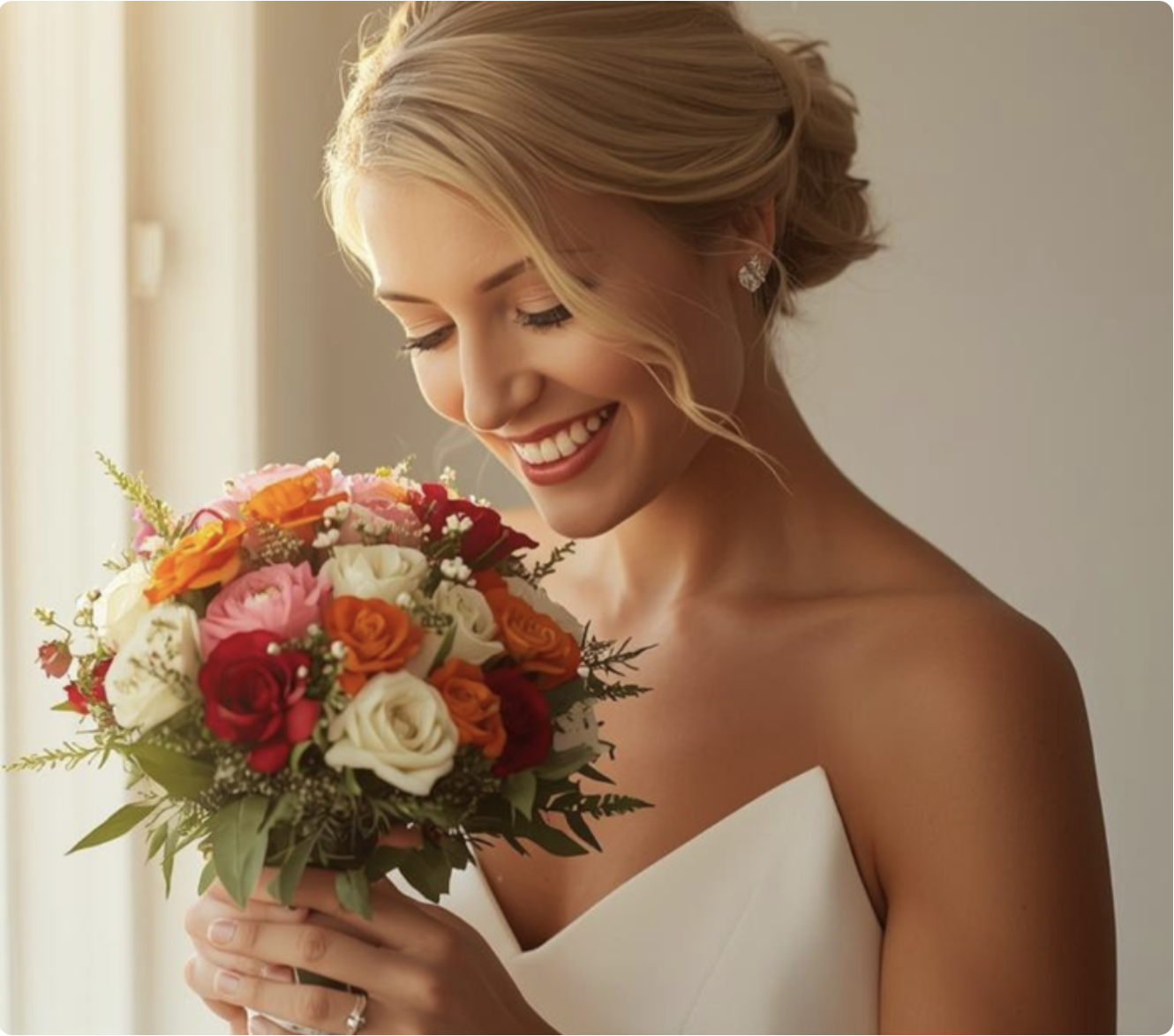 Bride in a strapless white gown smiles as she holds a vibrant bouquet of roses by a sunlit window.