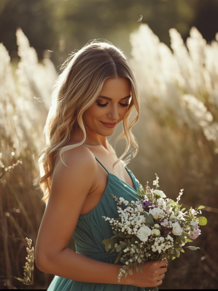 Woman in a teal dress stands in a sunlit field, holding a bouquet of white and purple flowers with greenery.