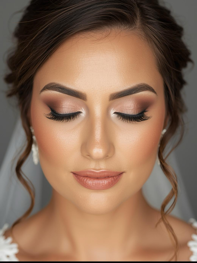Bridal makeup close-up with neutral eyeshadow, long lashes, and nude-pink lips, eyes closed.