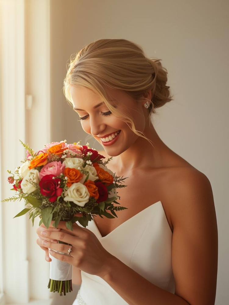 Bride in a white wedding dress admires a colorful bouquet by a window, smiling gently.