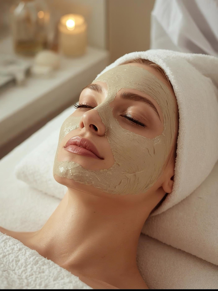 Woman relaxing with a green clay facial mask, eyes closed, in a spa setting with a white towel.