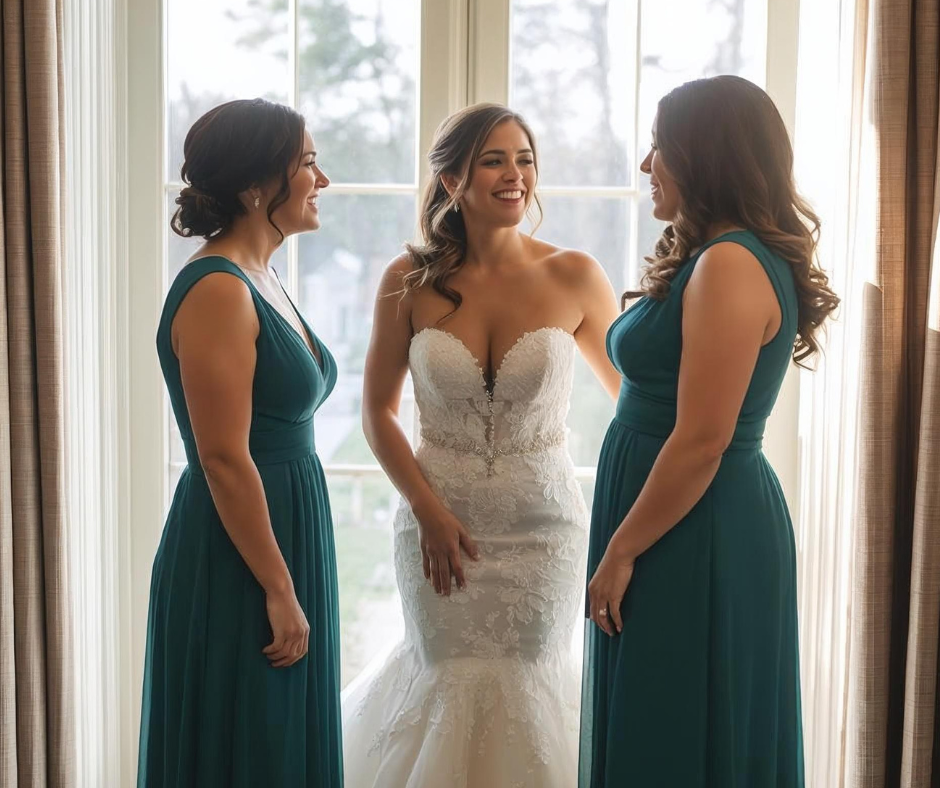 Bride in a white lace wedding gown stands between two bridesmaids in teal dresses as they smile and chat by a sunlit window.