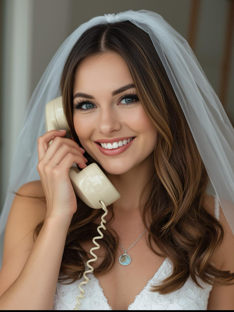 Bride in a white wedding dress with veil, smiling while talking on a vintage beige landline phone.