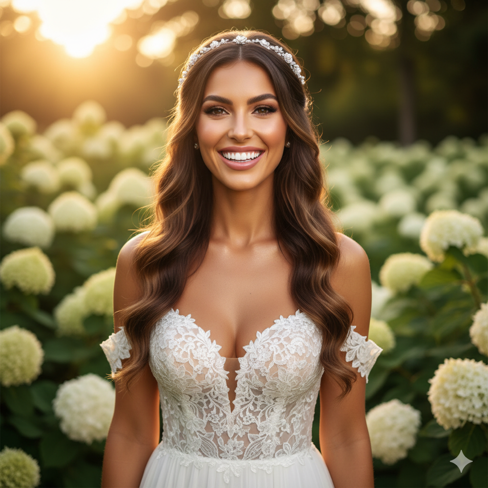 Smiling bride in a white lace off-shoulder wedding dress with a V-neck, wearing a jeweled headband in a sunlit garden.