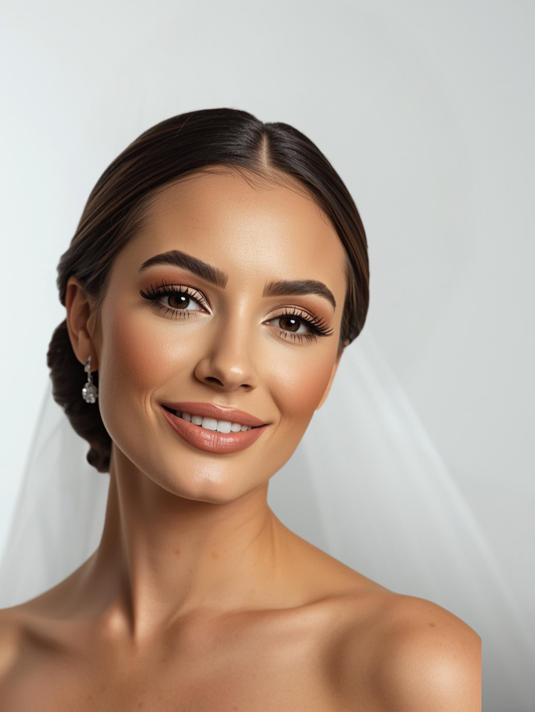 Bride with flawless makeup and veil, smiling at the camera.